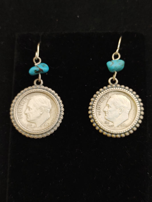 Silver Dime in Sterling Silver with Turquoise Dangle Earring