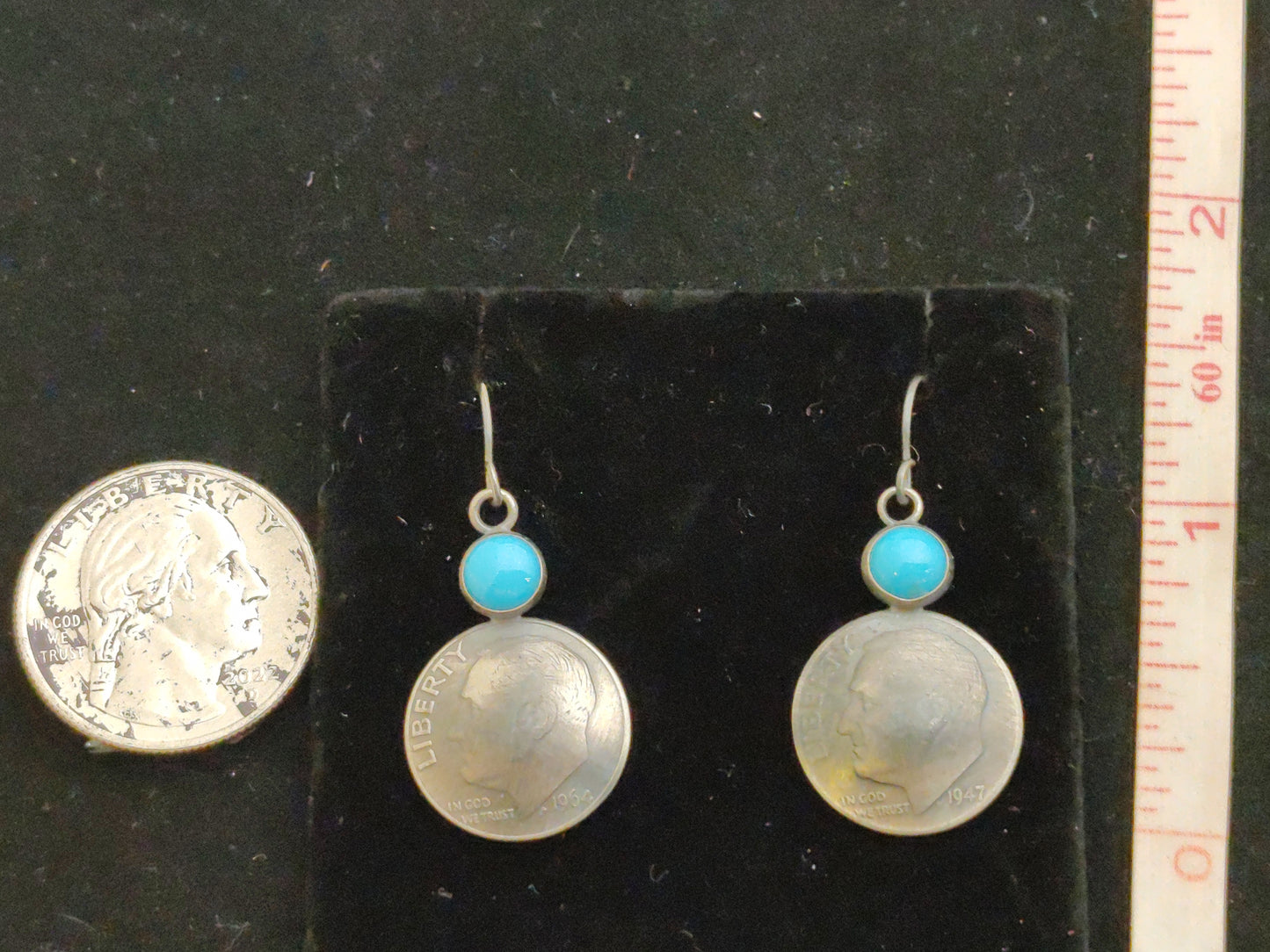 Dime in Sterling Silver with a Sleeping Beauty Turquoise Dangle Earring