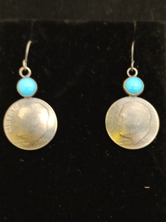 Dime in Sterling Silver with a Sleeping Beauty Turquoise Dangle Earring