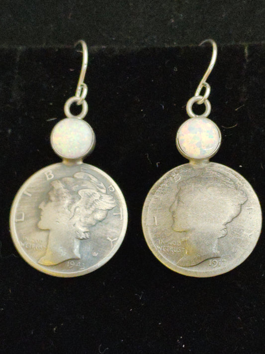 Mercury Dime with White Opal Dangle Earring