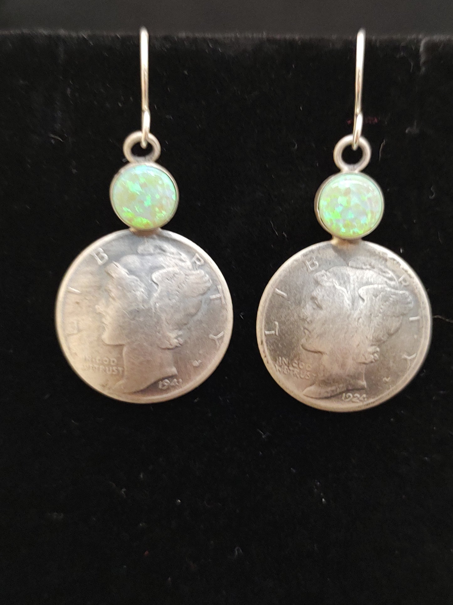 Mercury Dime with Green Opal Dangle Earring