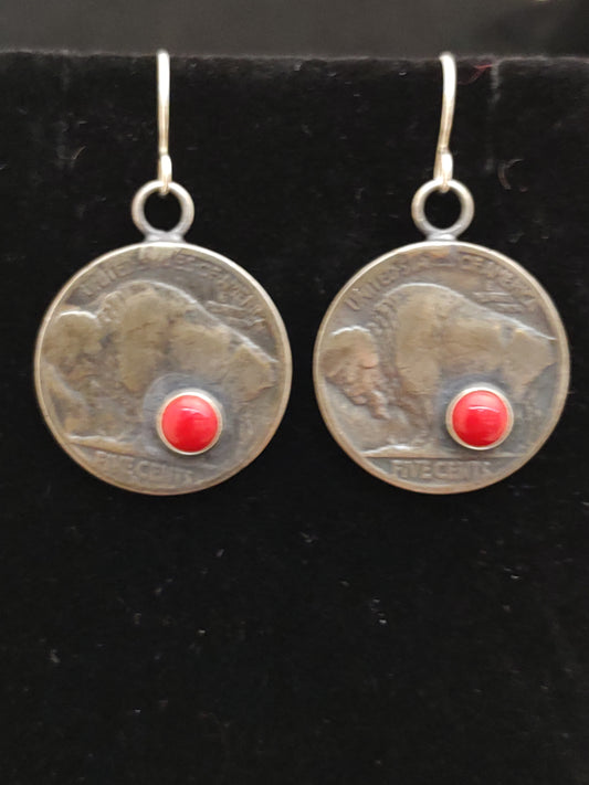 Buffalo Nickel with Coral Dangle Earring