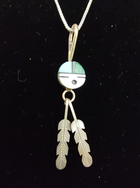 Malachite, Turquoise, Mother of Pearl, and Black Jet in Zuni Sun Face with Two Feathers on a 15 1/2 inch Necklace