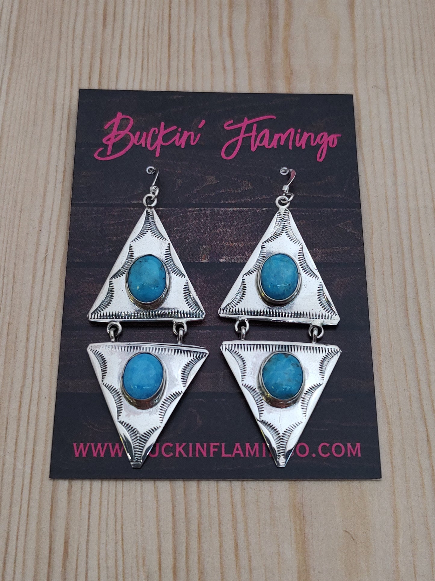 Double Triangle with Oval Kingman Turquoise Cabochons Dangle Hook Earring