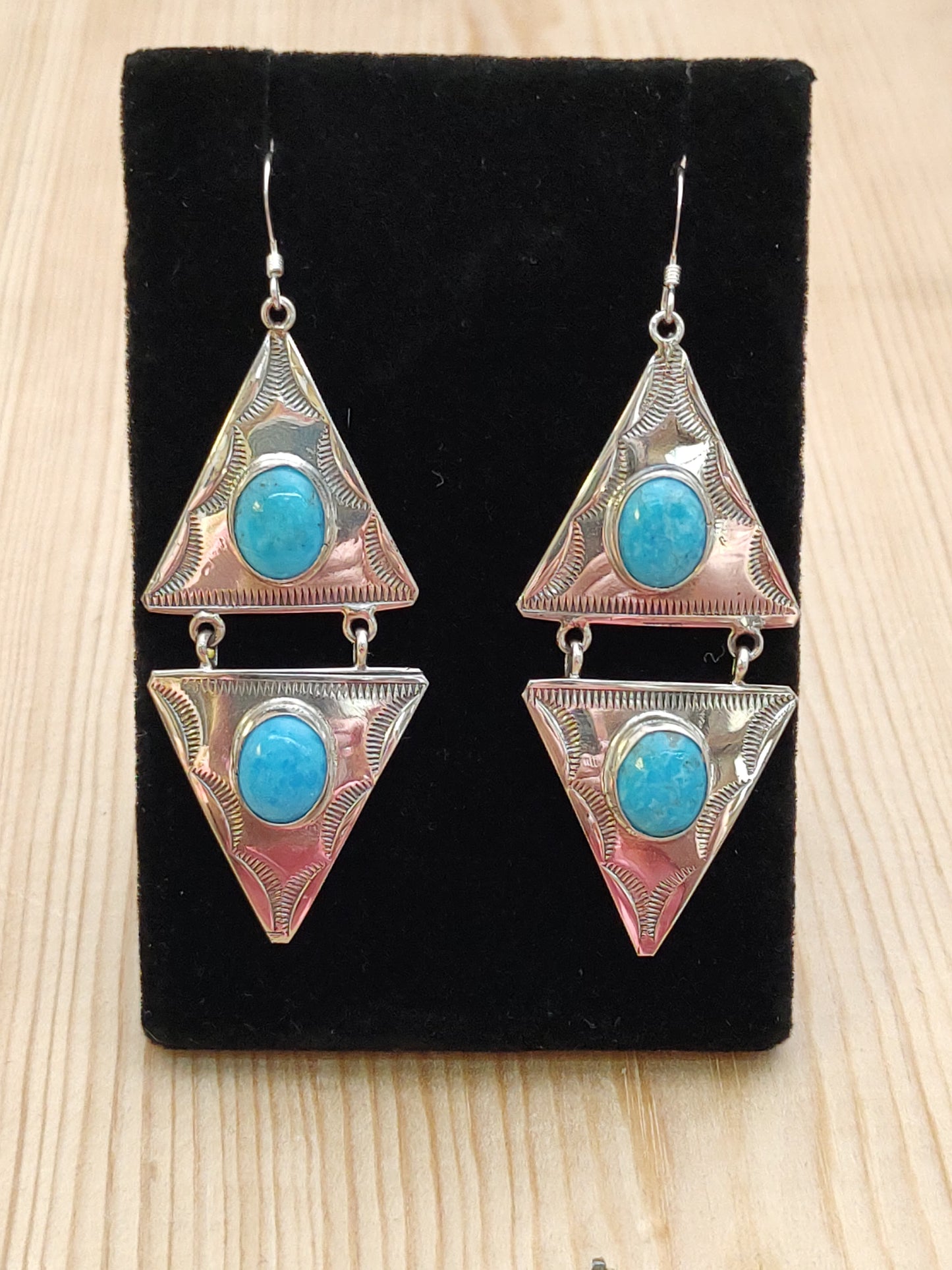 Double Triangle with Oval Kingman Turquoise Cabochons Dangle Hook Earring
