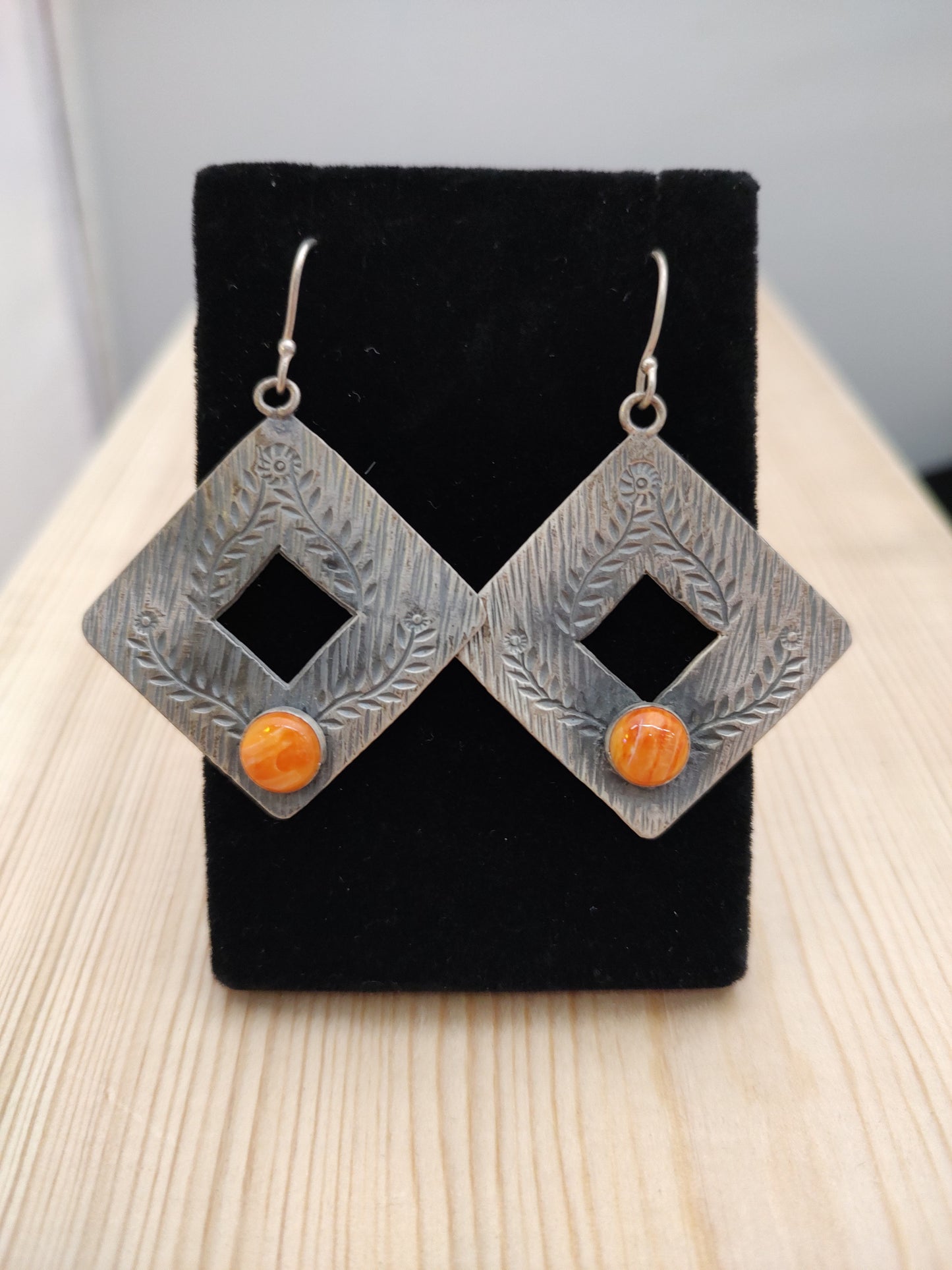 Orange Spiny Oyster Cabochon on Hook Dangle Earrings