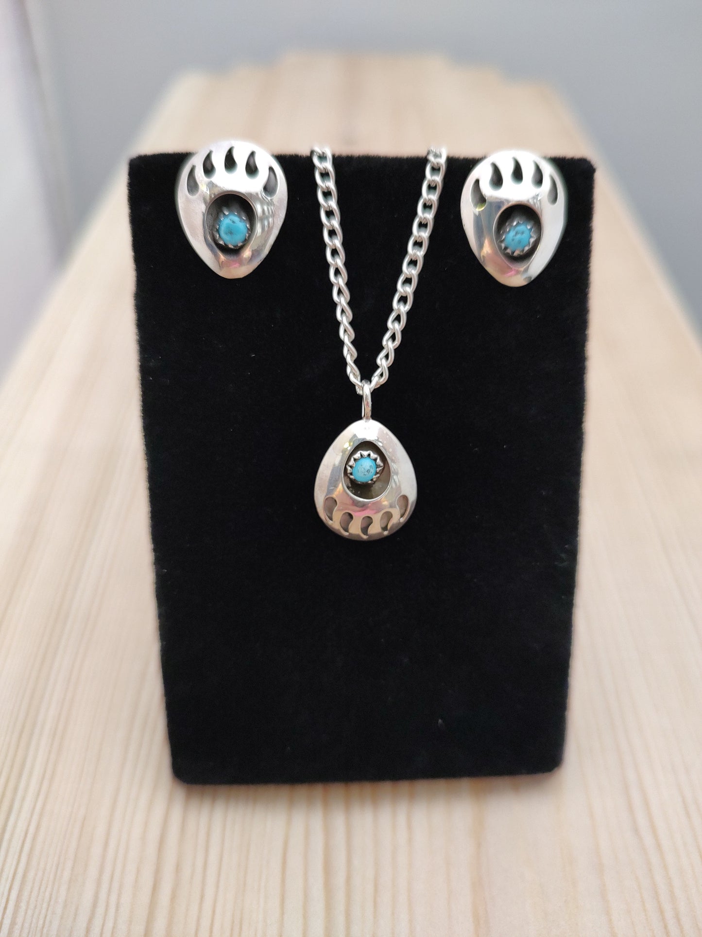 Sleeping Beauty Turquoise Bear Paw Post Earrings with 23-.inch Necklace and Pendant
