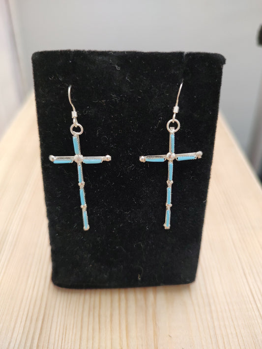 Zuni Needlepoint Sleeping Beauty Turquoise Cross Hook Earrings