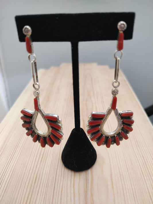 Post Earrings with Coral Long Teardrop Surrounded in More Coral