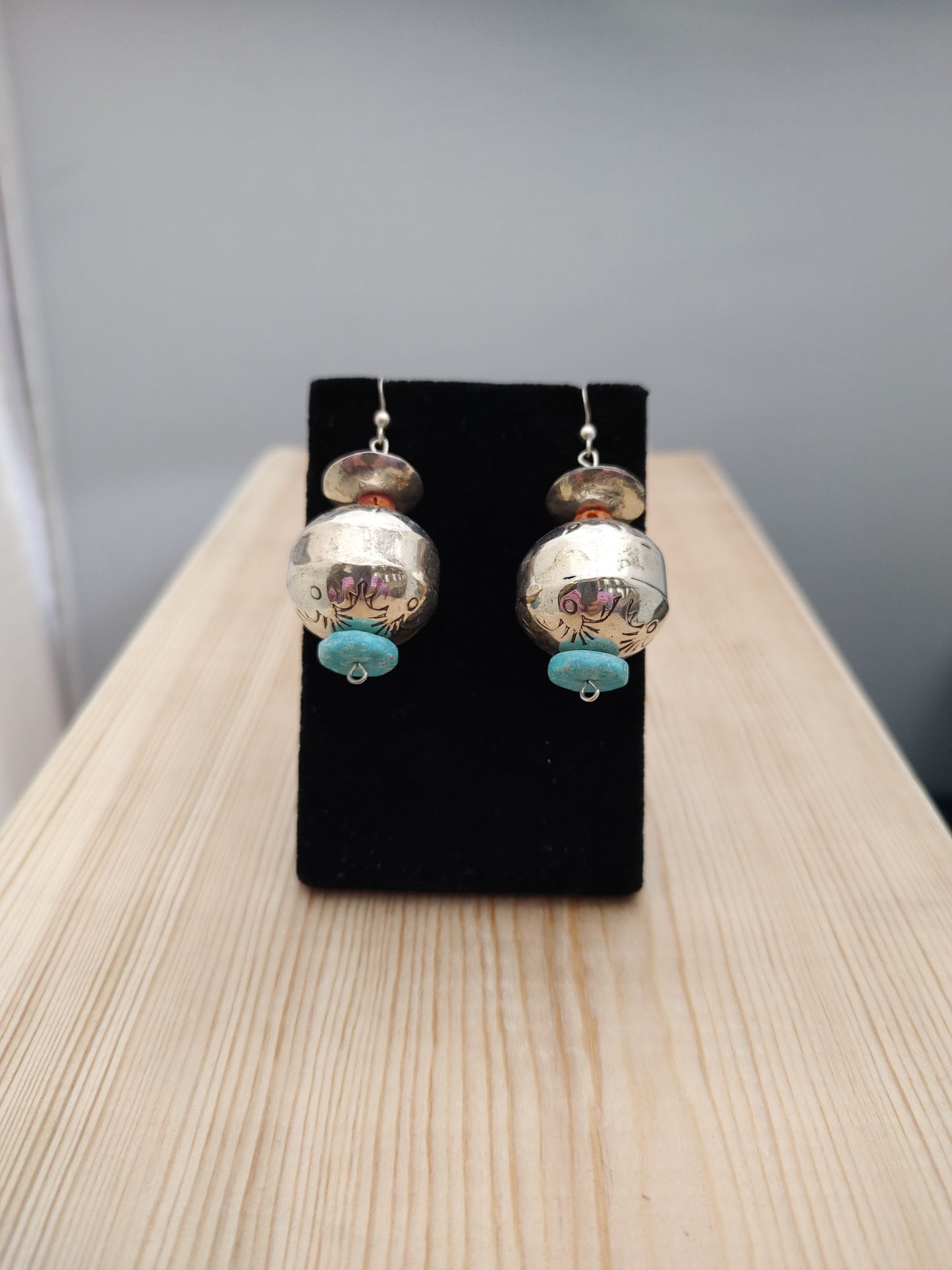 Turquoise and Spiny Oyster on Large Silver Bead with Etching on Hook Earrings