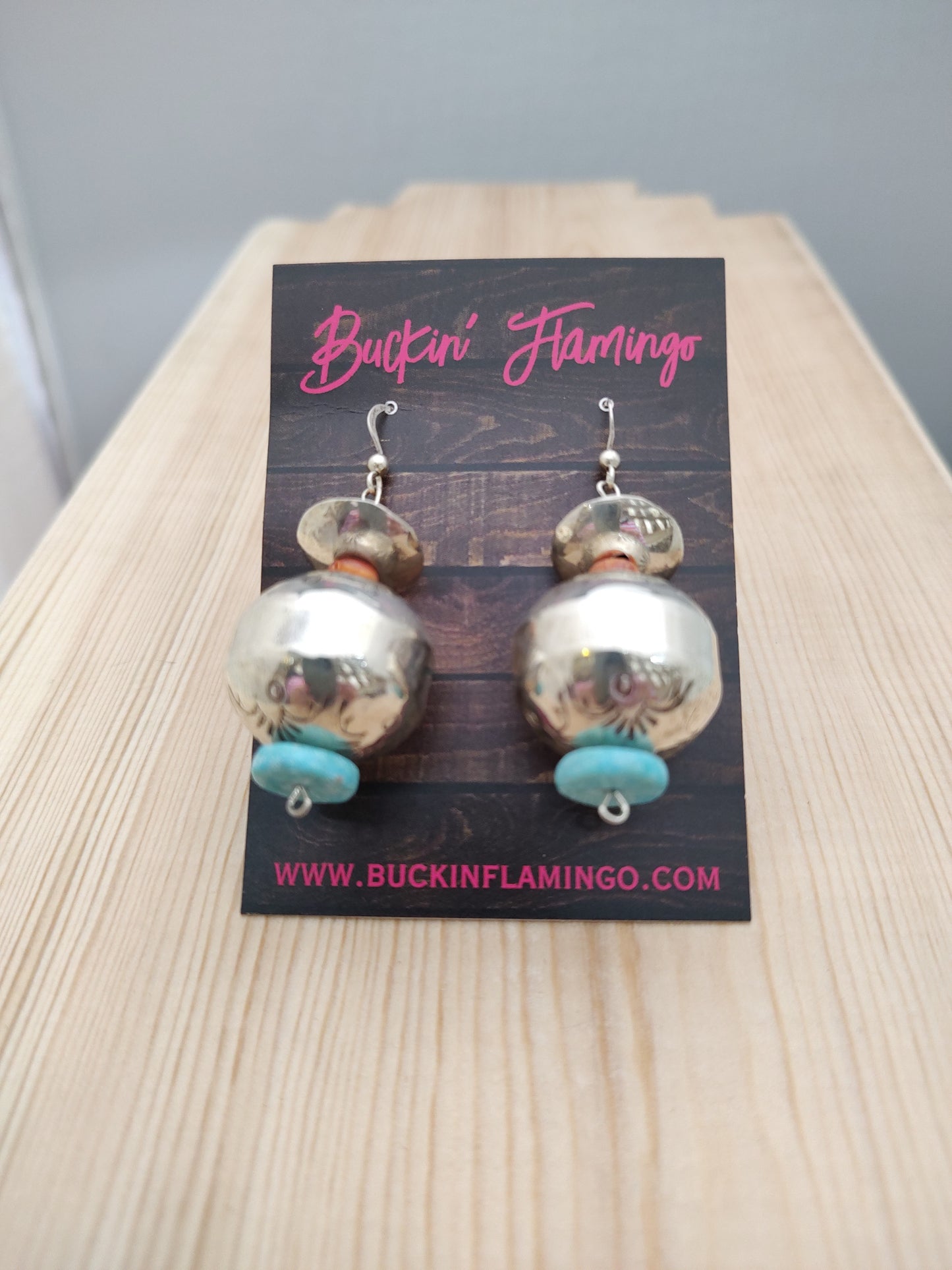 Turquoise and Spiny Oyster on Large Silver Bead with Etching on Hook Earrings