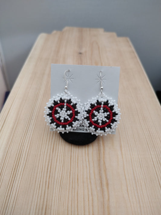 White, Black and Red Seed Bead Basket Design Dangle Hook Earrings