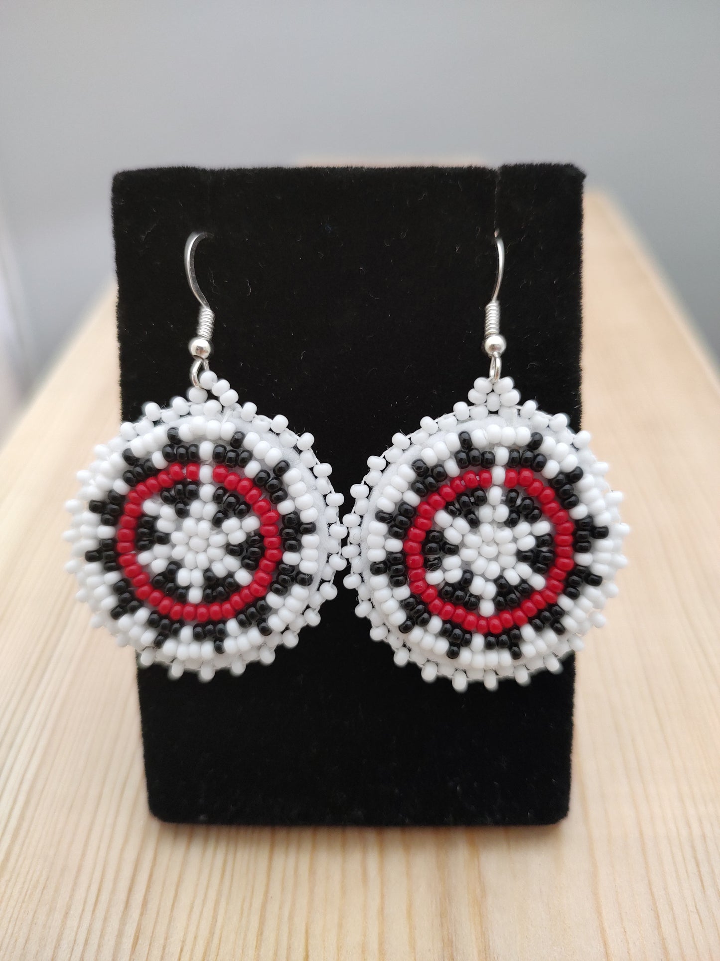 White, Black and Red Seed Bead Basket Design Dangle Hook Earrings