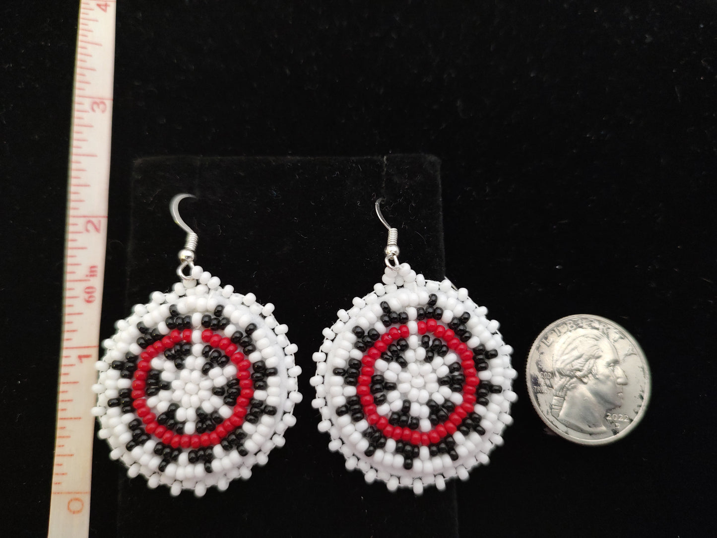 White, Black and Red Seed Bead Basket Design Dangle Hook Earrings