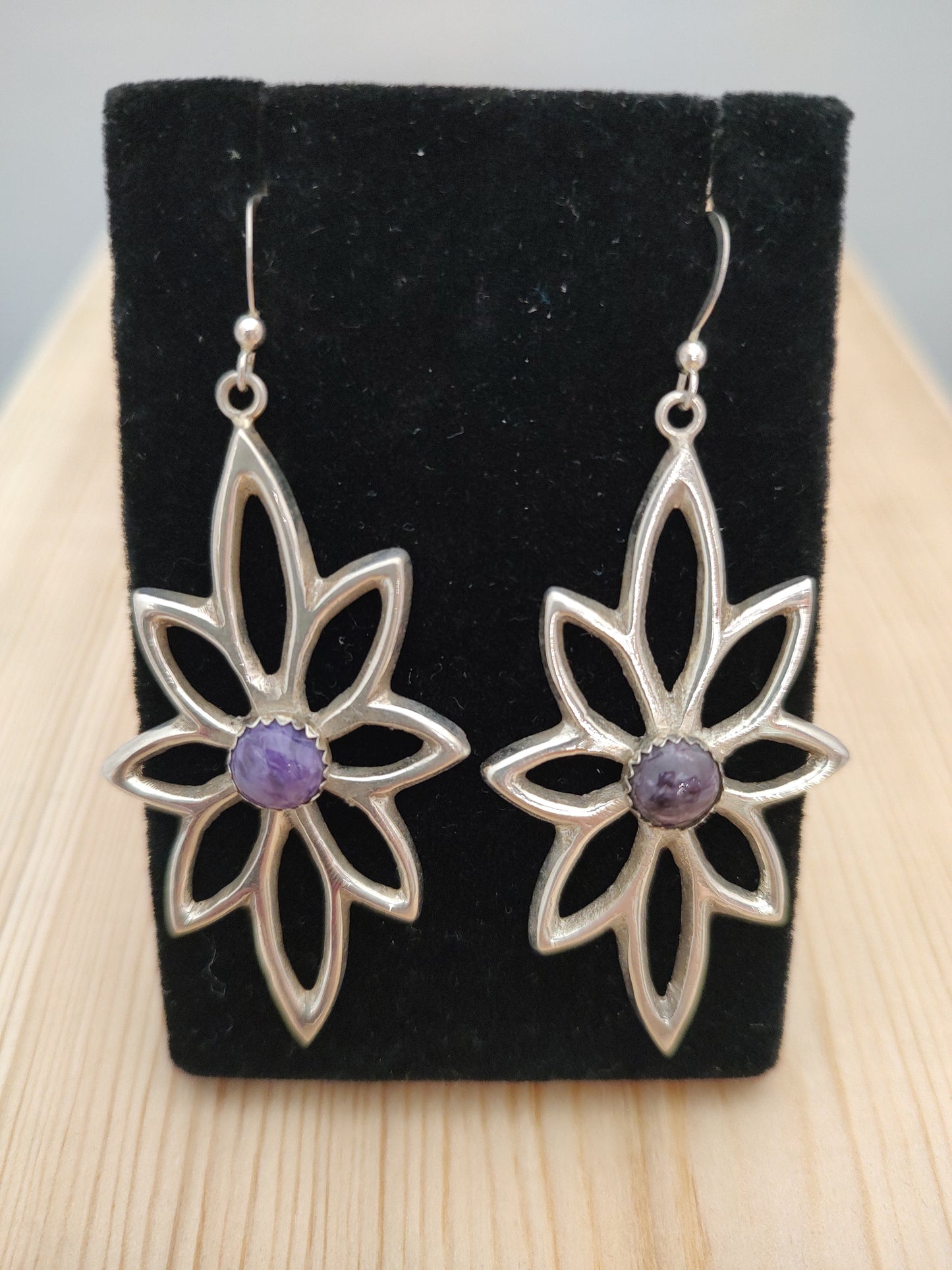 Charoite Round Cabochon on Silver Flowers with Hook Earrings