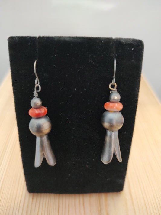 Spiny Oyster with Navajo Pearl and Squash Blossom Dangle Hook Earrings
