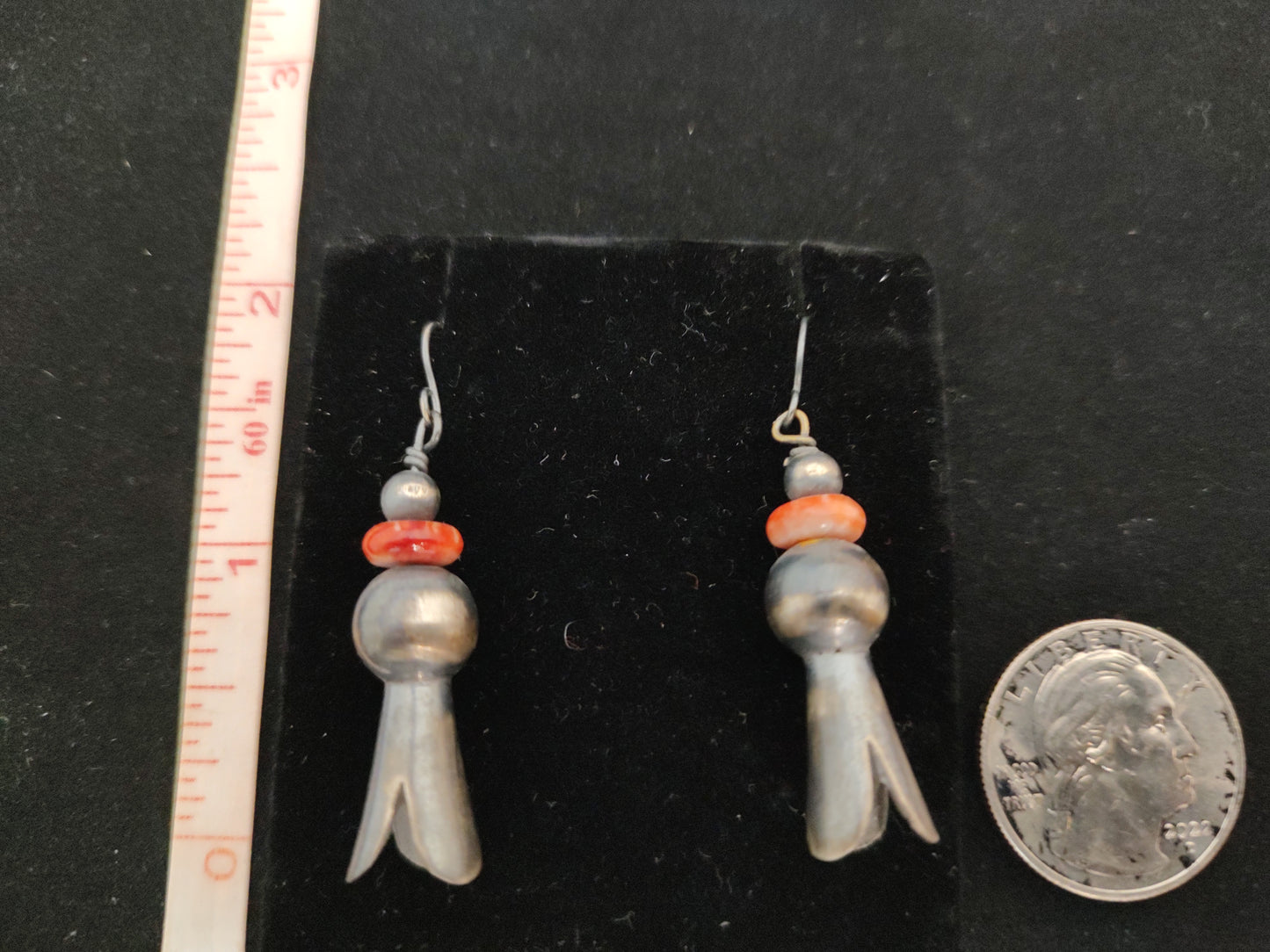 Spiny Oyster with Navajo Pearl and Squash Blossom Dangle Hook Earrings