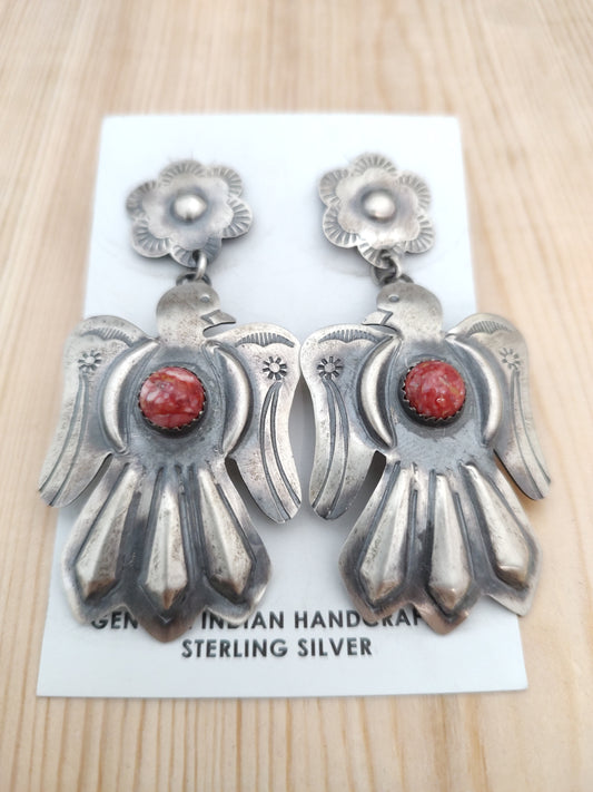 Rhodochrosite Cabochon on Silver Birds Dangling from Flowers