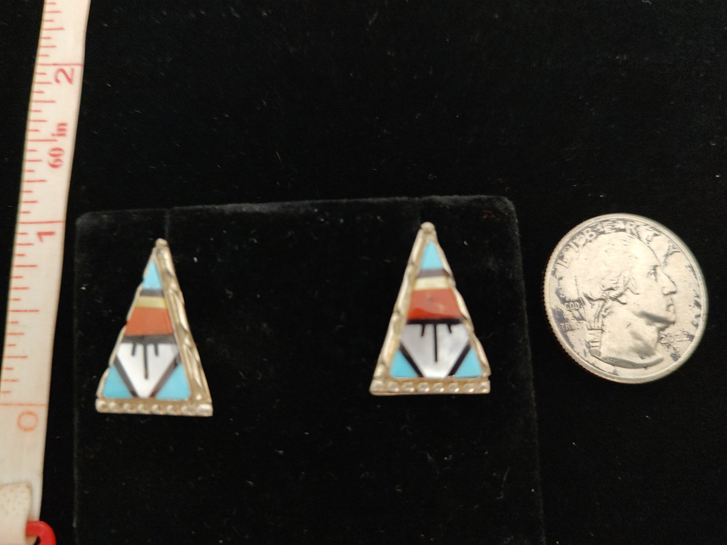 Mother of Pearl, Coral, Black Jet, and Turquoise Inlay in Post Earrings
