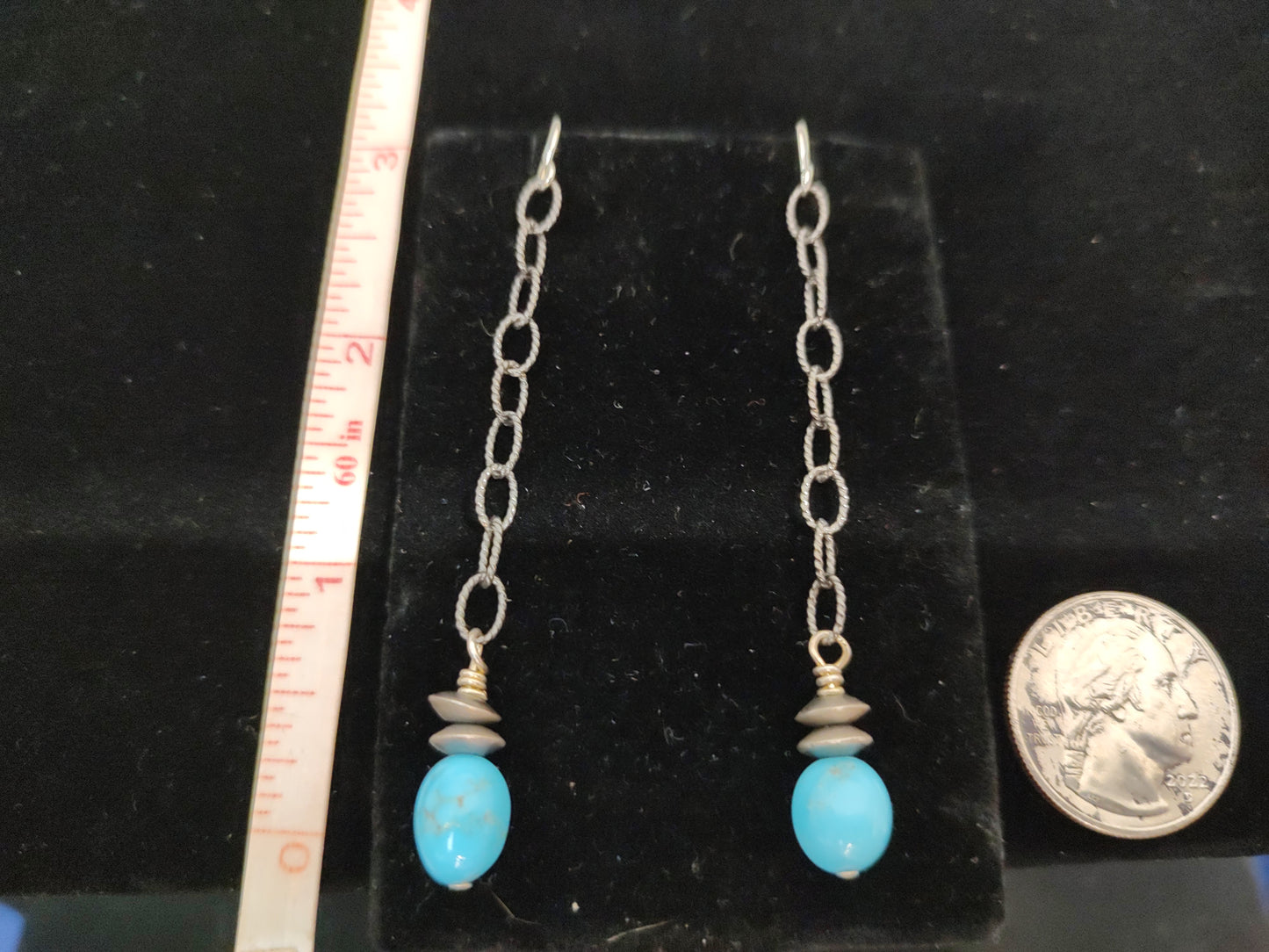 Sleeping Beauty Turquoise and Navajo Saucer with Chain and Hook Earrings