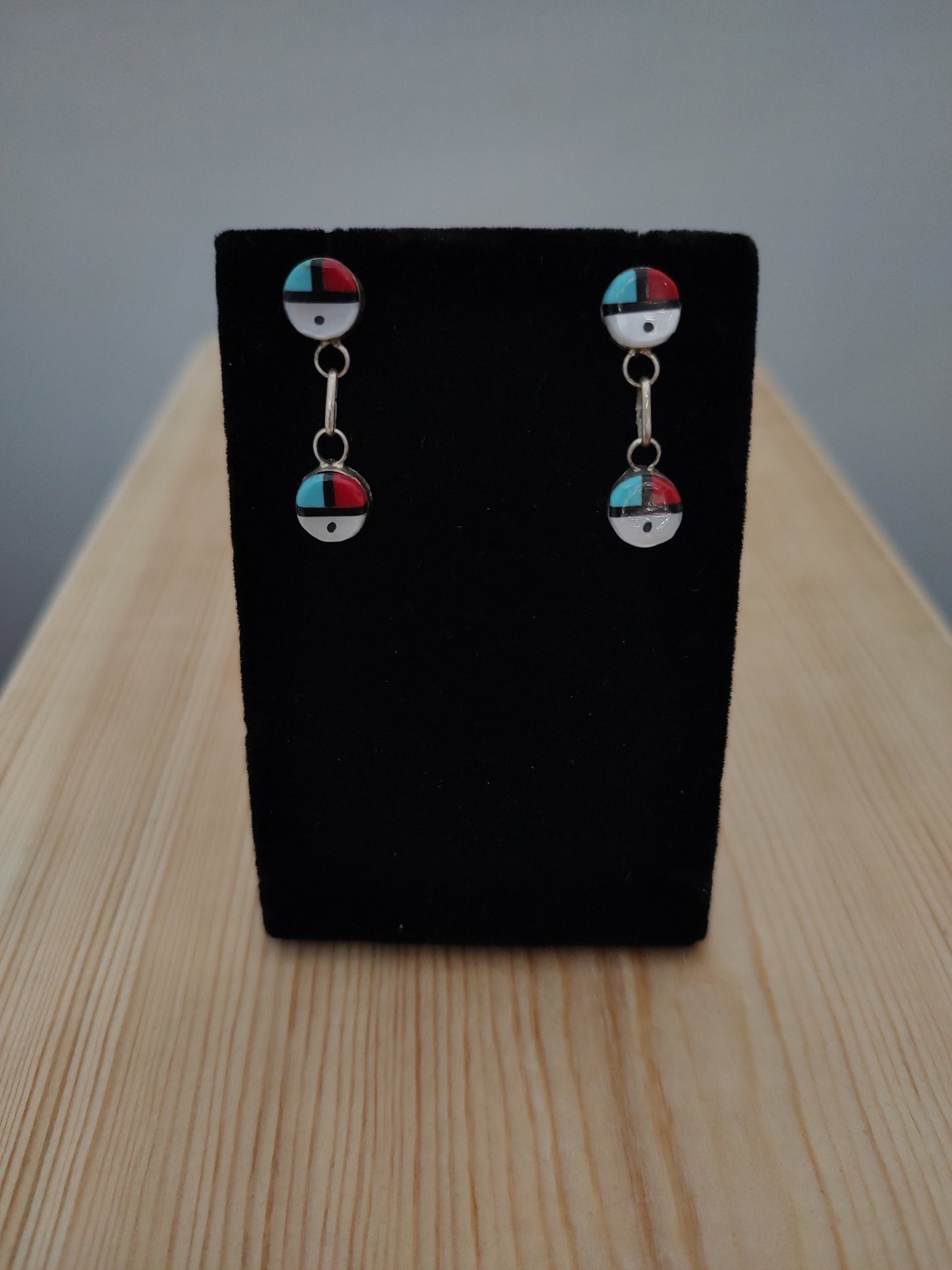 Mother of Pearl, Coral, Black Jet, and Turquoise Inlay in Post Dangle Earrings