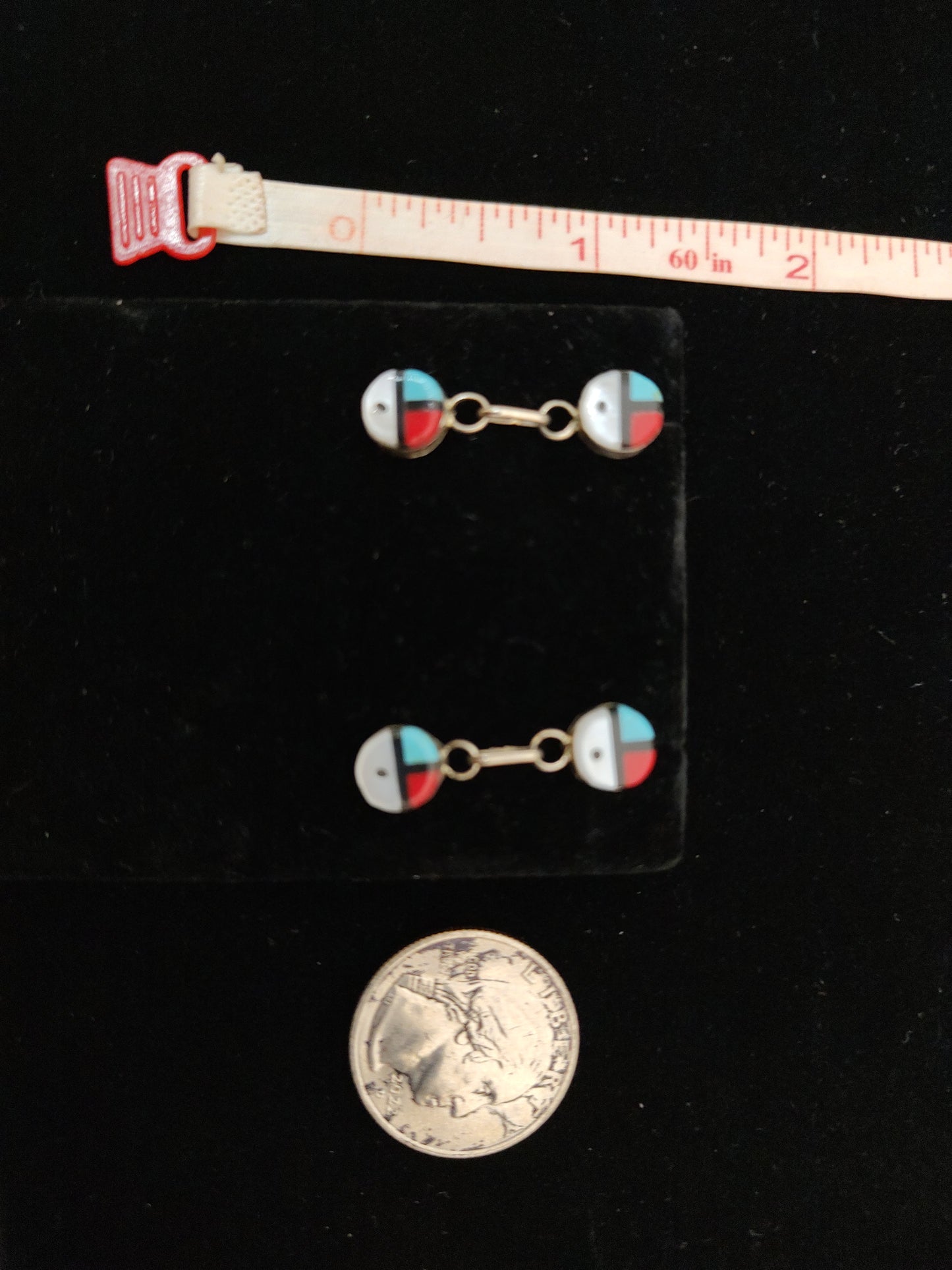 Mother of Pearl, Coral, Black Jet, and Turquoise Inlay in Post Dangle Earrings