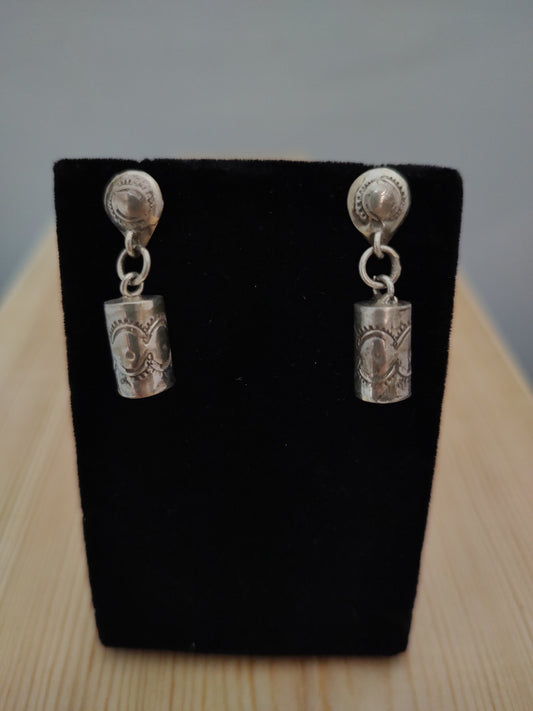 Silver Stamped Bead Post Dangle Earrings