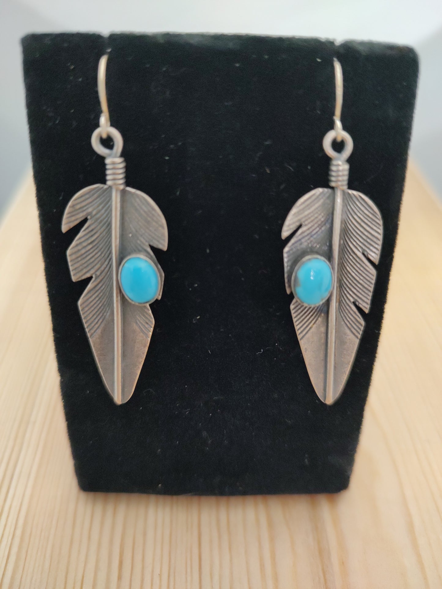 Kingman Turquoise on the Silver Feather with Hook Earrings