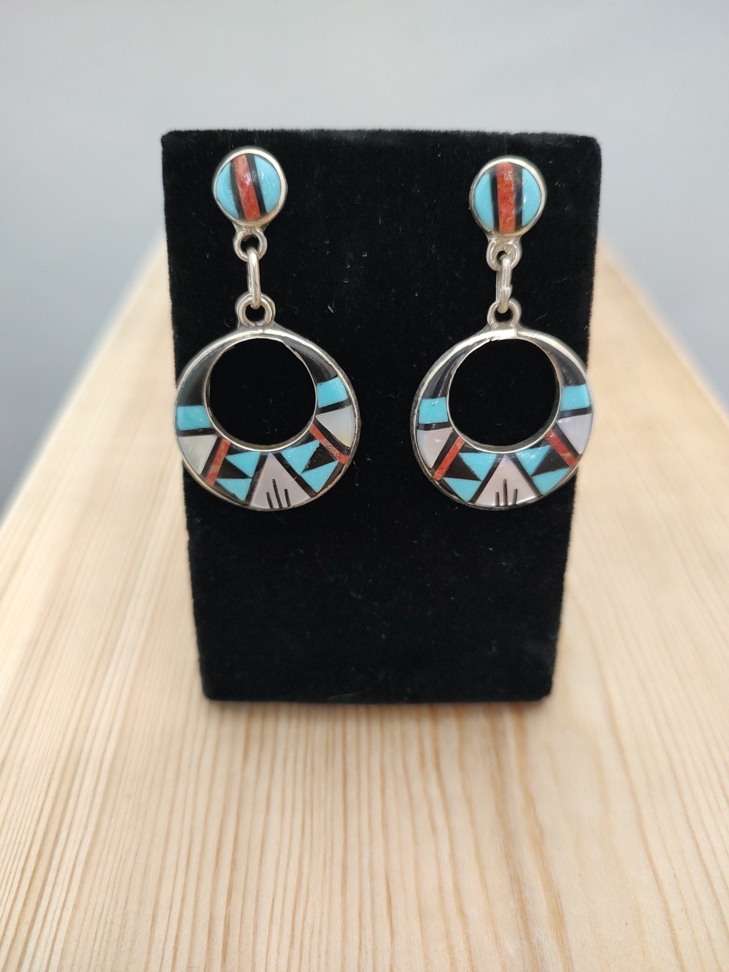 Mother of Pearl, Coral, Black Jet, and Turquoise Inlay in Dangle Post Earrings