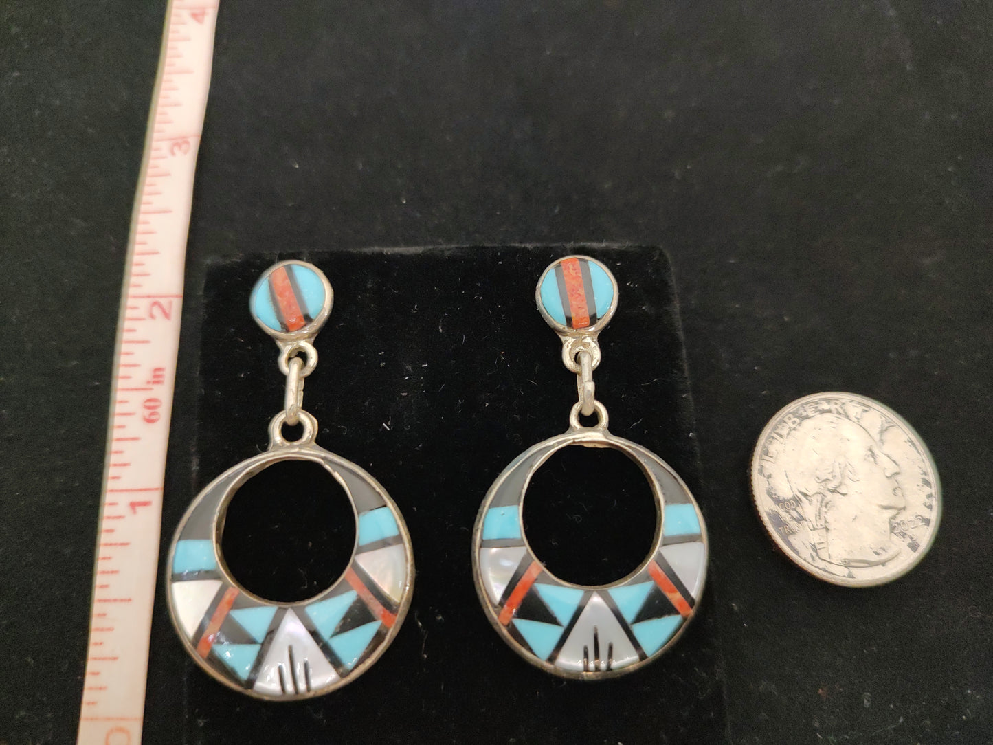 Mother of Pearl, Coral, Black Jet, and Turquoise Inlay in Dangle Post Earrings