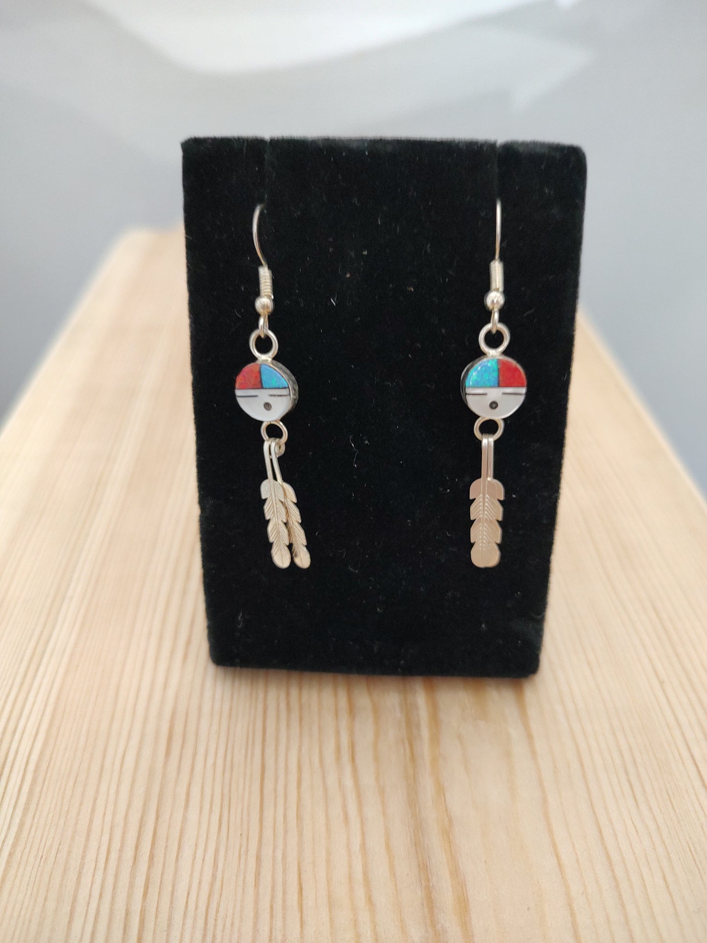 Mother of Pearl, Black Jet, Blue and Red Lab-Created Opal in Zuni Sun Face with Two Feathers on Hook Earrings