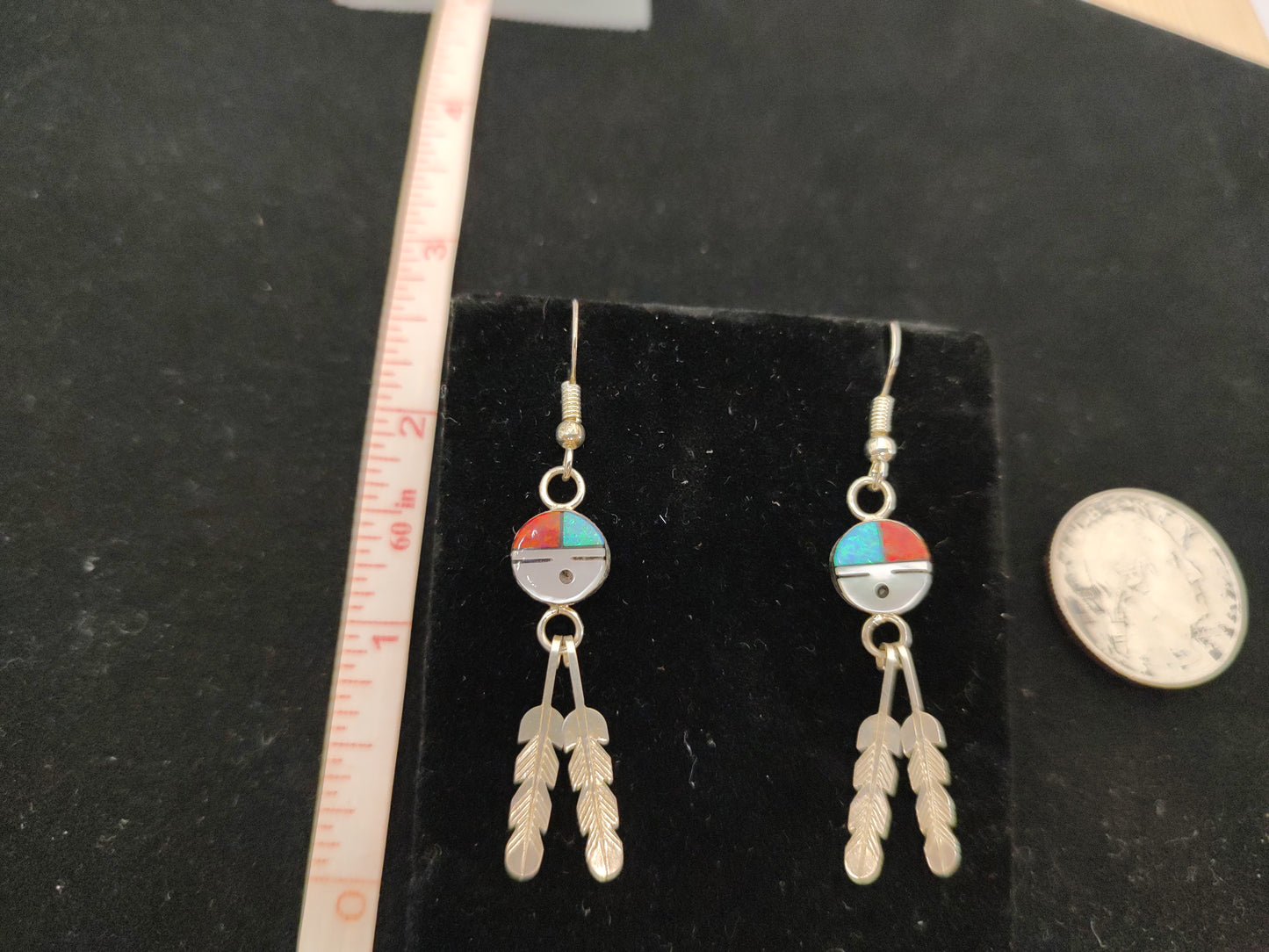 Mother of Pearl, Black Jet, Blue and Red Lab-Created Opal in Zuni Sun Face with Two Feathers on Hook Earrings