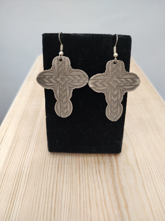 Silver Cross Dangle Hook Earrings