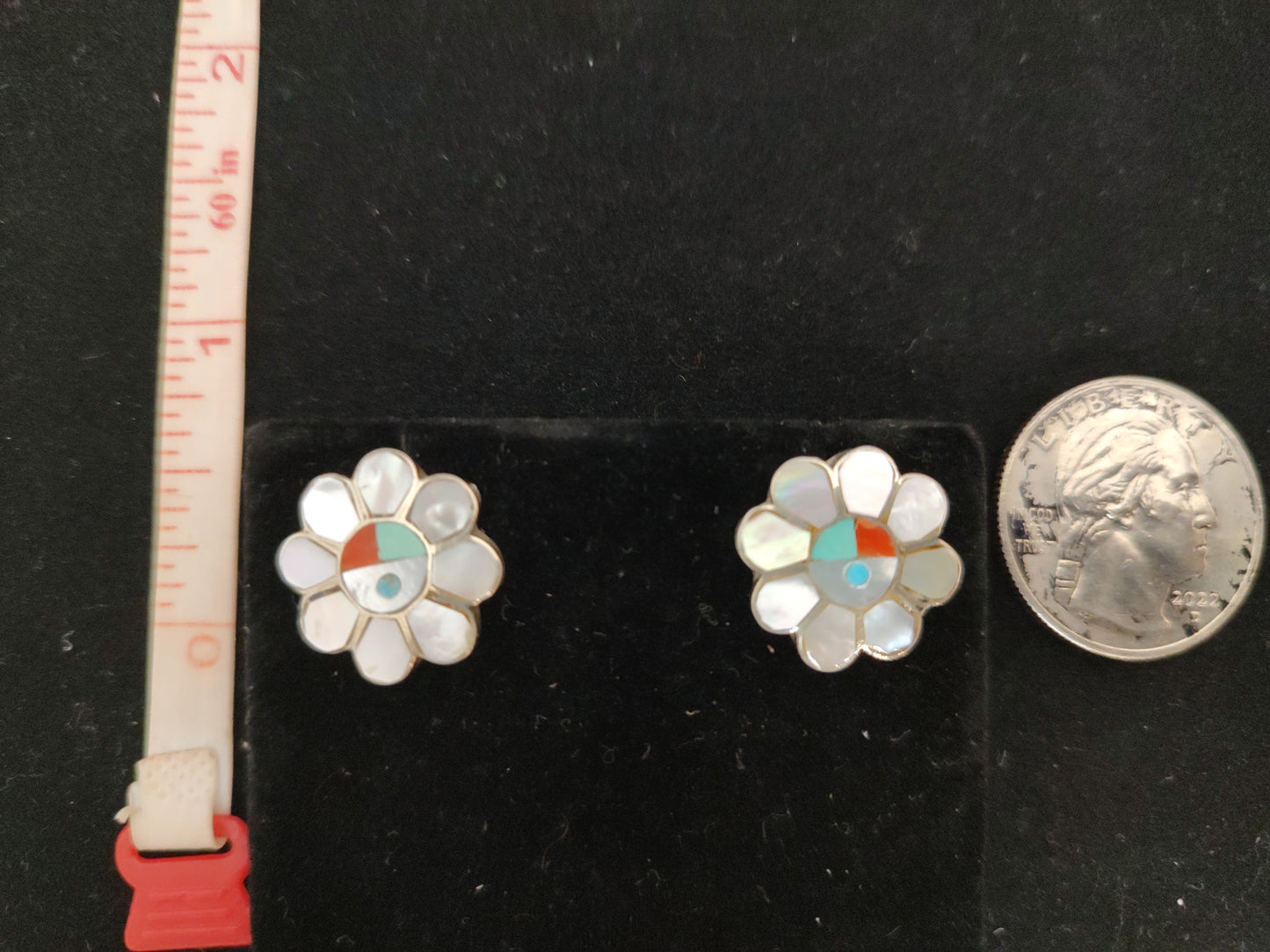 Mother of Pearl, Coral, and Turquoise Post Earring with Zuni Face in Flower