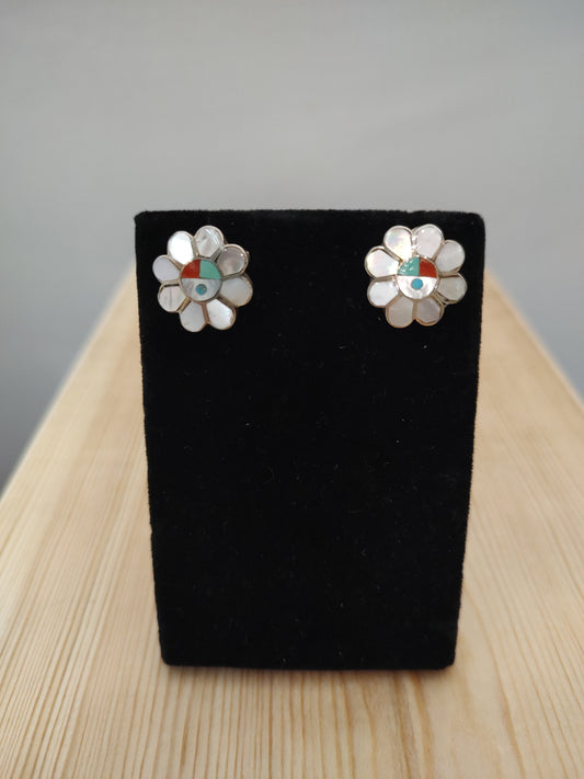 Mother of Pearl, Coral, and Turquoise Post Earring with Zuni Face in Flower