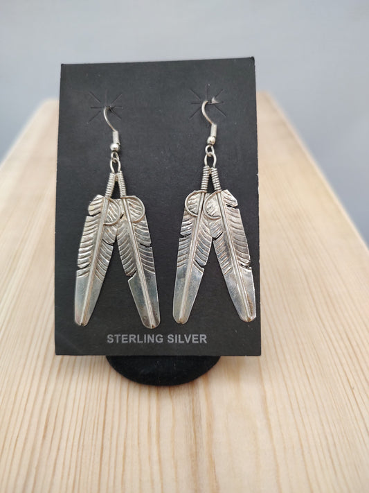 Sterling Silver Double Feather on Dangle Hook Earrings