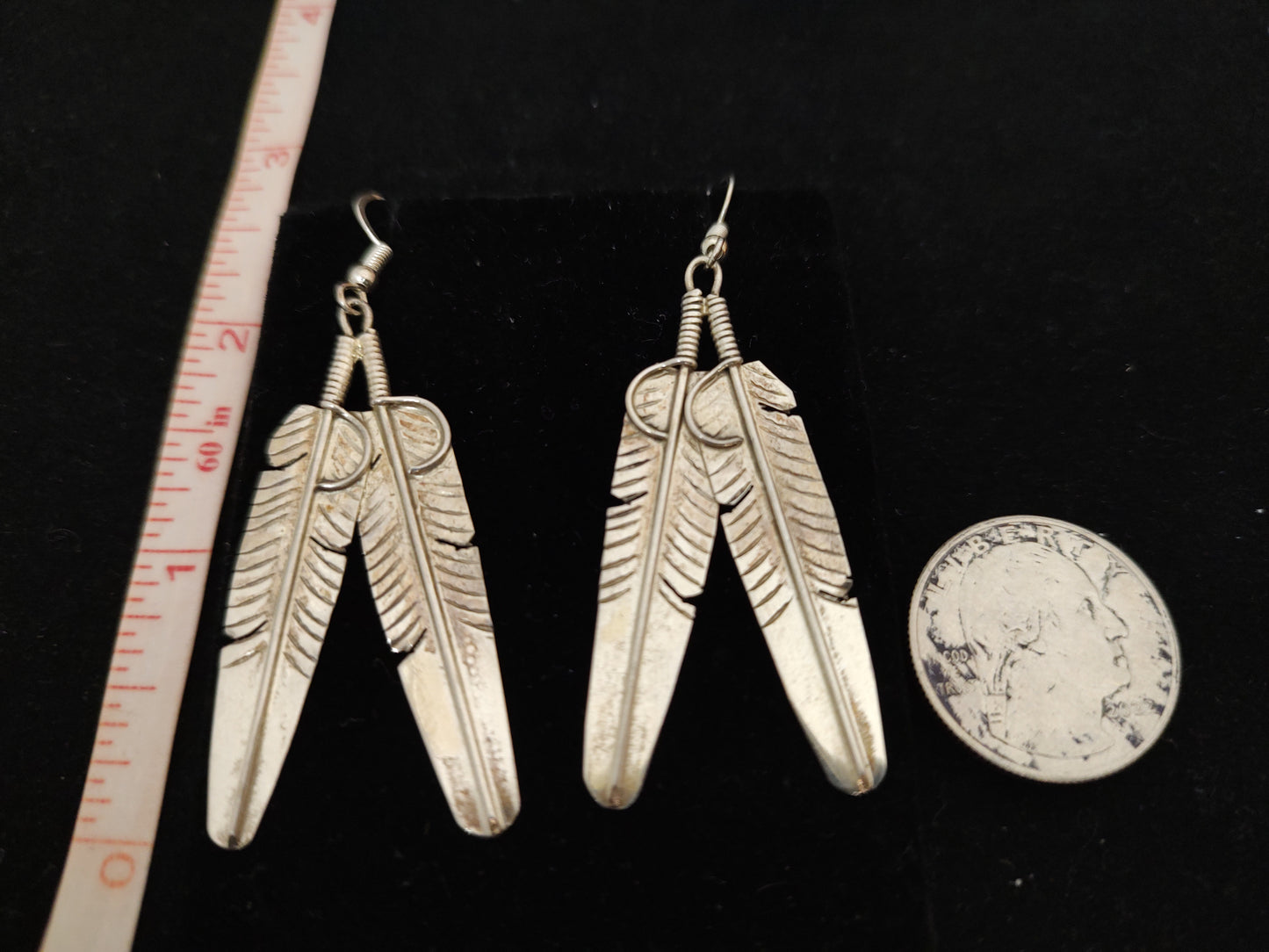 Sterling Silver Double Feather on Dangle Hook Earrings