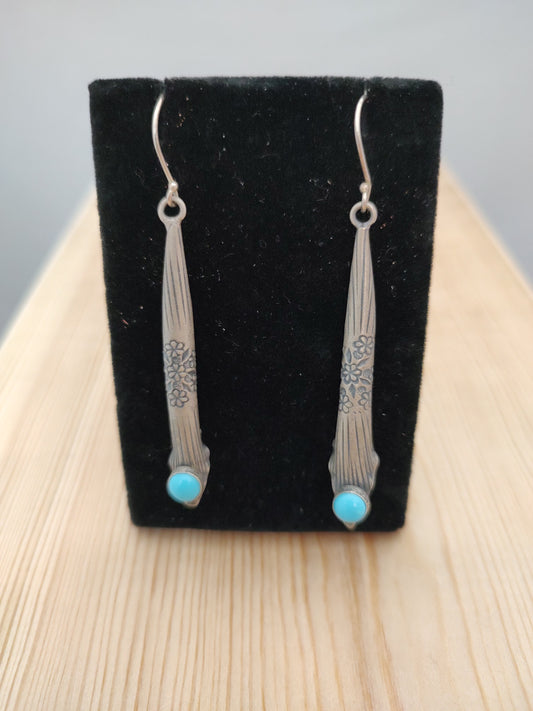 Sleeping Beauty Turquoise on the Folded Stamped Silver with Hook Earrings