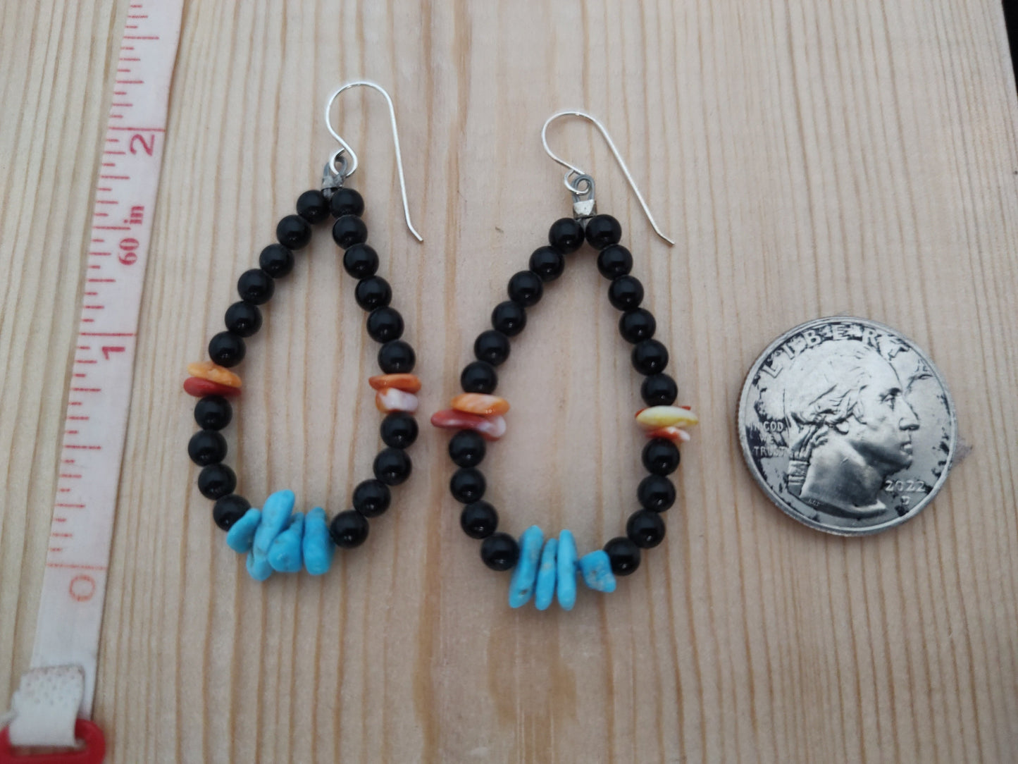 Spiny Oyster, Sleeping Beauty Turquoise, and Onyx Bead in Teardrop Shape with Hook Earrings