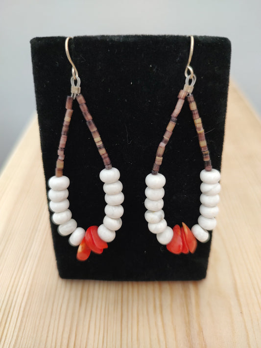 Pin Shell, Howlite, and Coral in Teardrop Shape with Hook Earrings