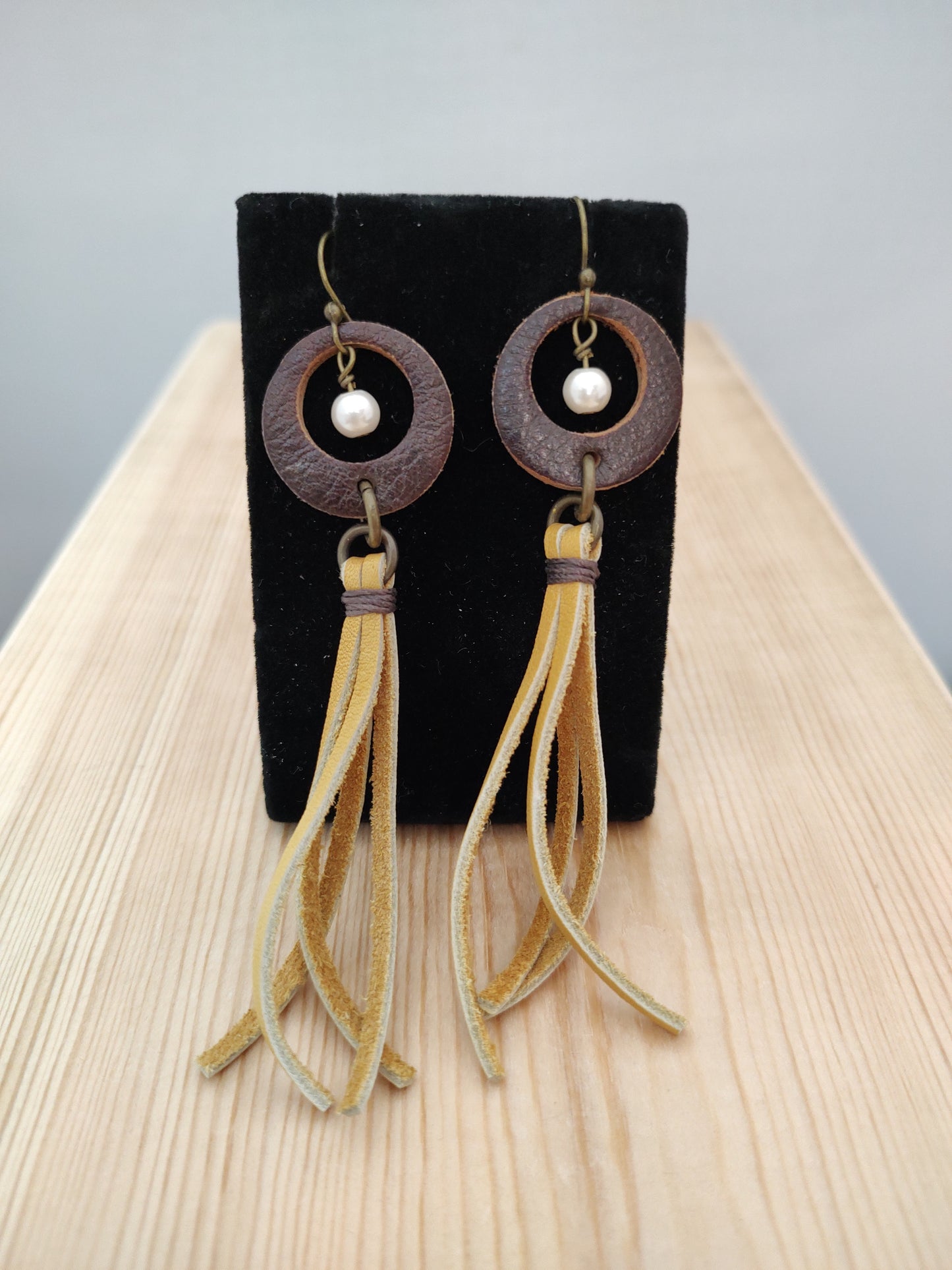 Leather and Hook Dangle with Simulated Pearl Beads Earrings