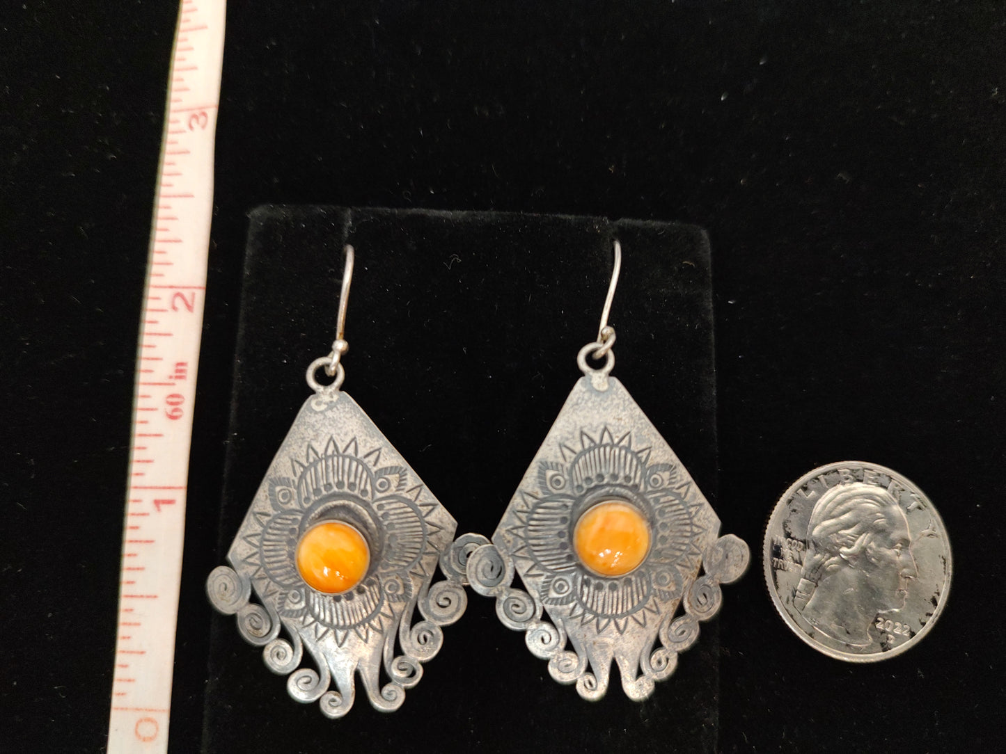 Spiny Oyster on Diamond Shape Stamped Silver with Swirls on Hook Earrings