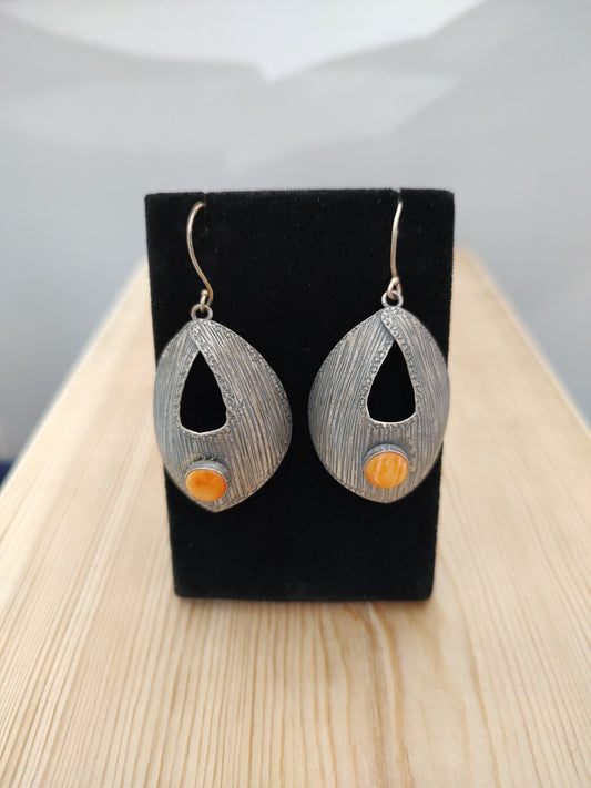 Spiny Oyster on Etched Silver with Hook Earrings