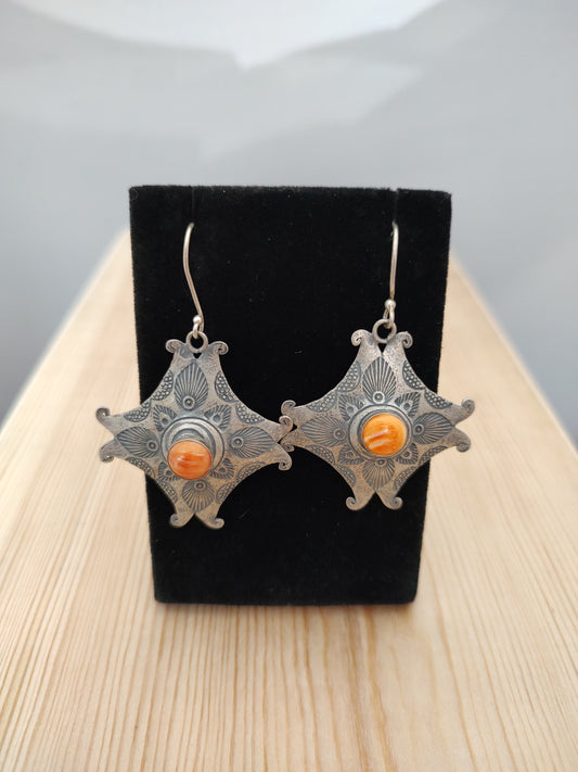 Spiny Oyster on Stamped Silver with Hook Earrings