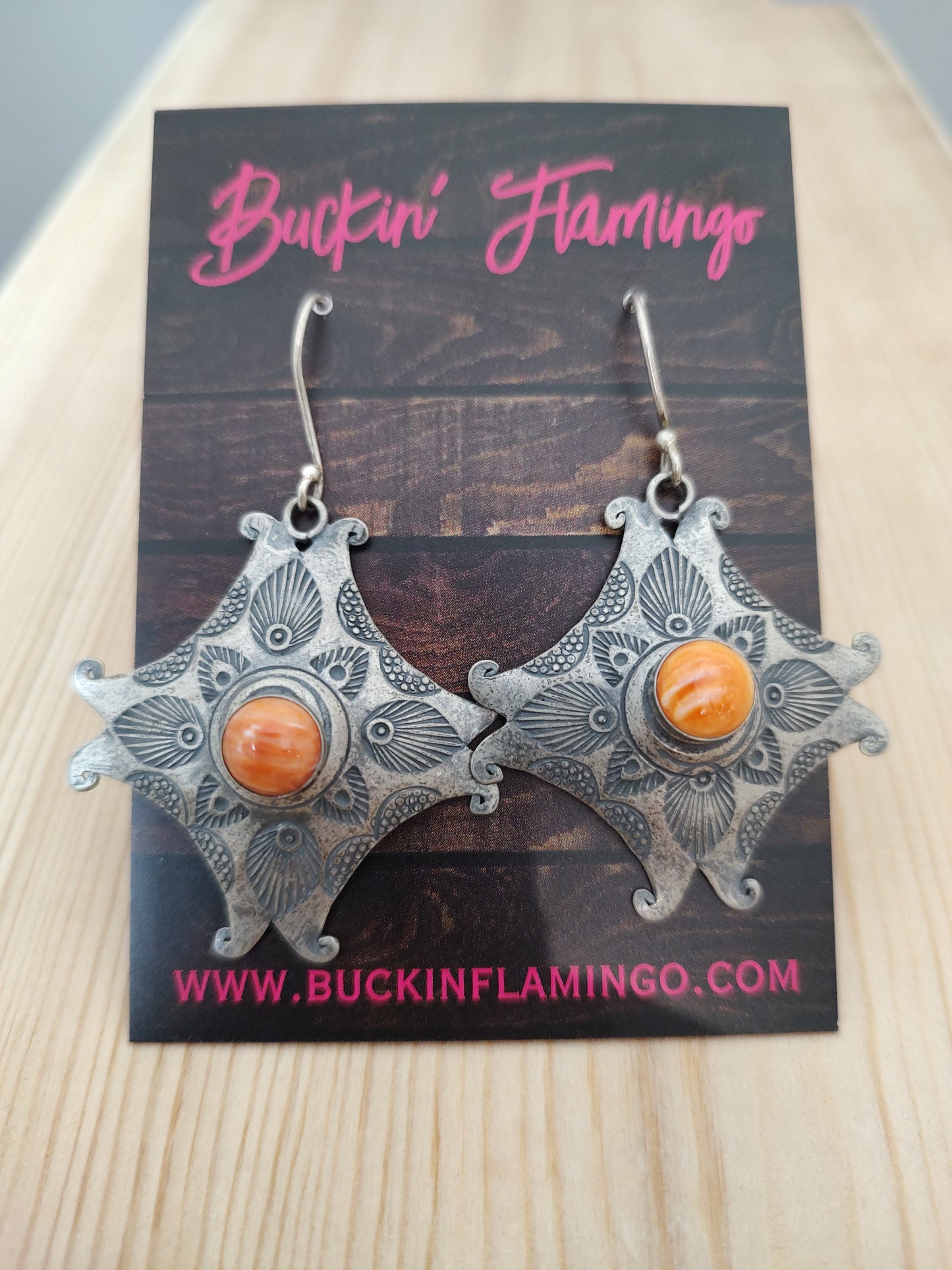 Spiny Oyster on Stamped Silver with Hook Earrings