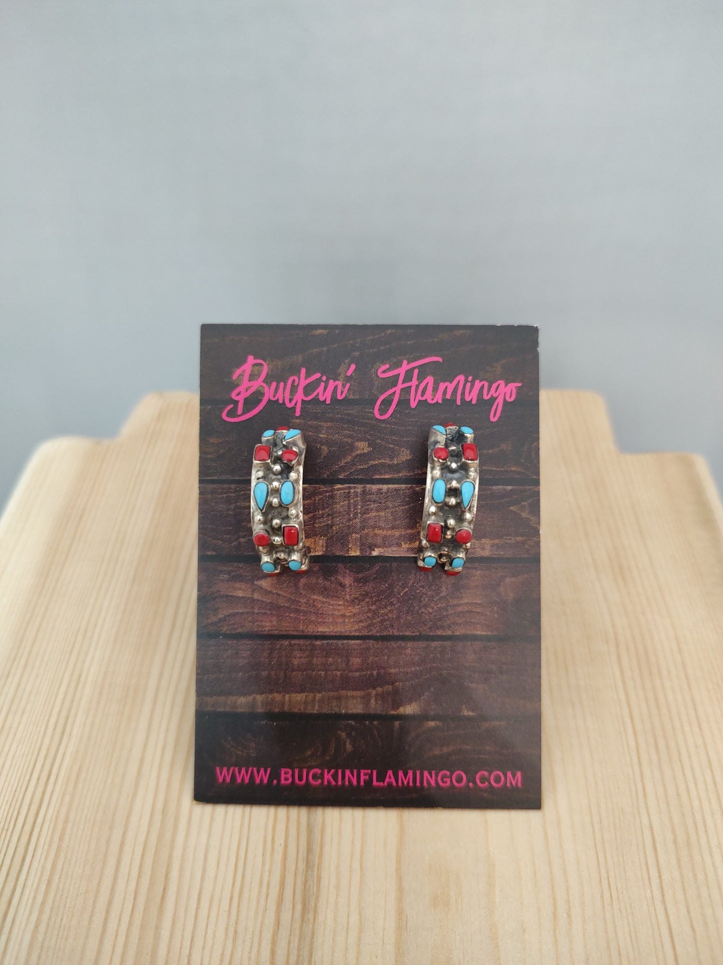 Sleeping Beauty Turquoise and Coral Hoops on Post Earrings