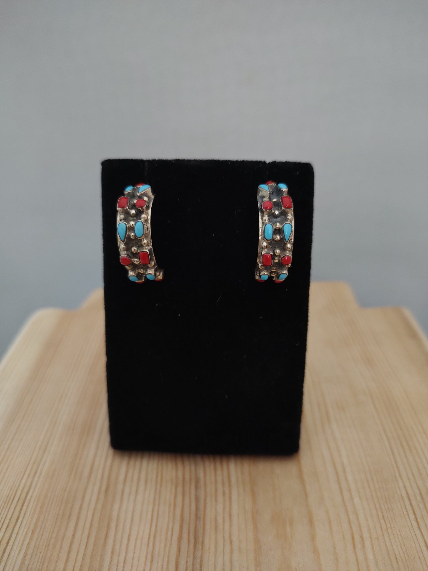 Sleeping Beauty Turquoise and Coral Hoops on Post Earrings