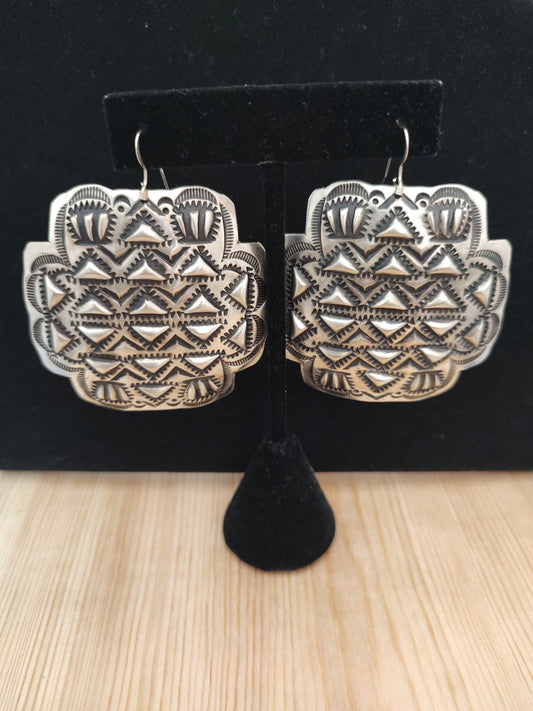 Large Dangle-Stamped Silver Hook Earrings