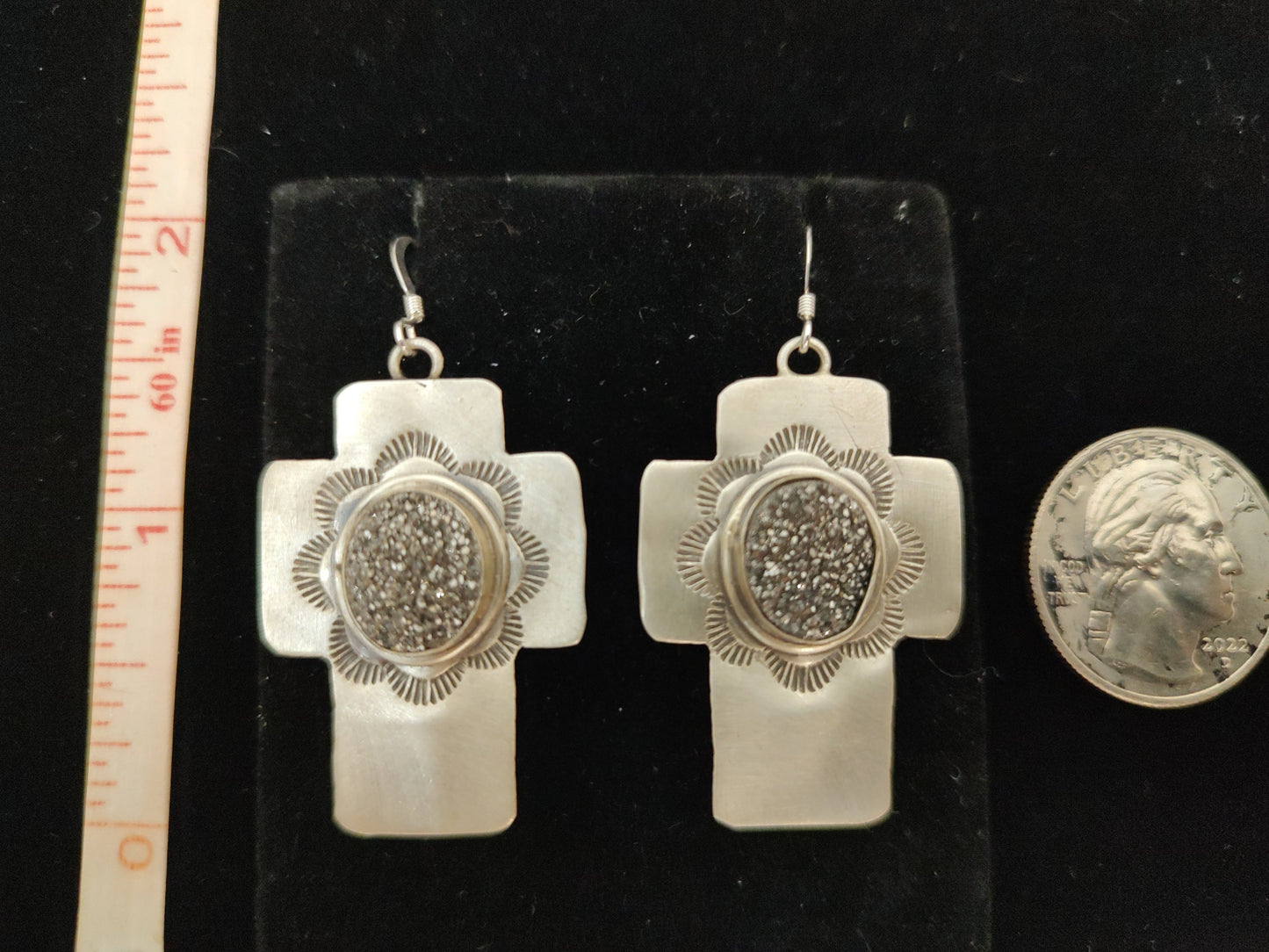 Silver Druzy in Stamped Crosses on Hook Earrings