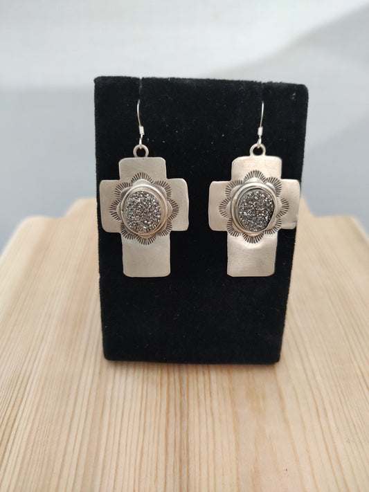 Silver Druzy in Stamped Crosses on Hook Earrings